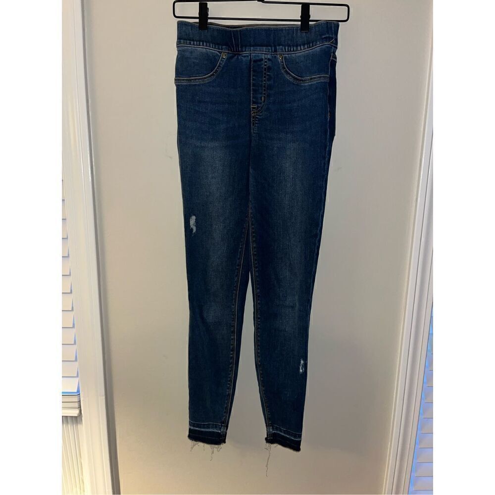 Spanx Jeans XS Distressed Ankle Skinny Jeans Medium Wash Pull-On Blue Denim